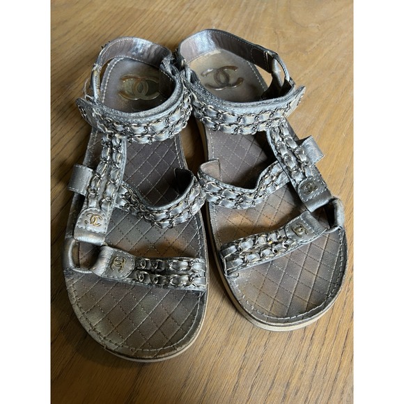 CHANEL Sandals IT 40 US 10 Silver Leather Flat Chain Coco Mark Sport 2002 Logo - Picture 1 of 16